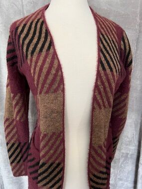 Nine West Cardigan Womens XS Open Front Fuzzy Knit Burgundy Tan NWT